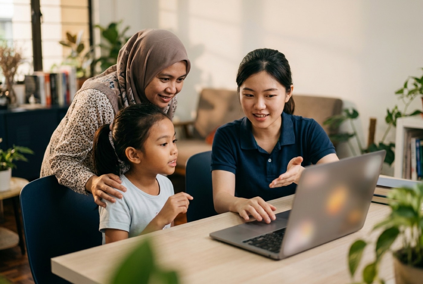 A parent and child sitting at a modern desk reviewing a software project on a laptop screen with an instructor guidin...