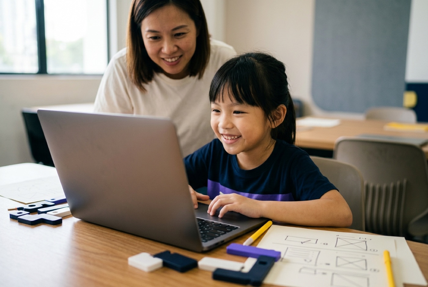 A young student happily working on a laptop surrounded by colourful code blocks and project sketches while a parent w...