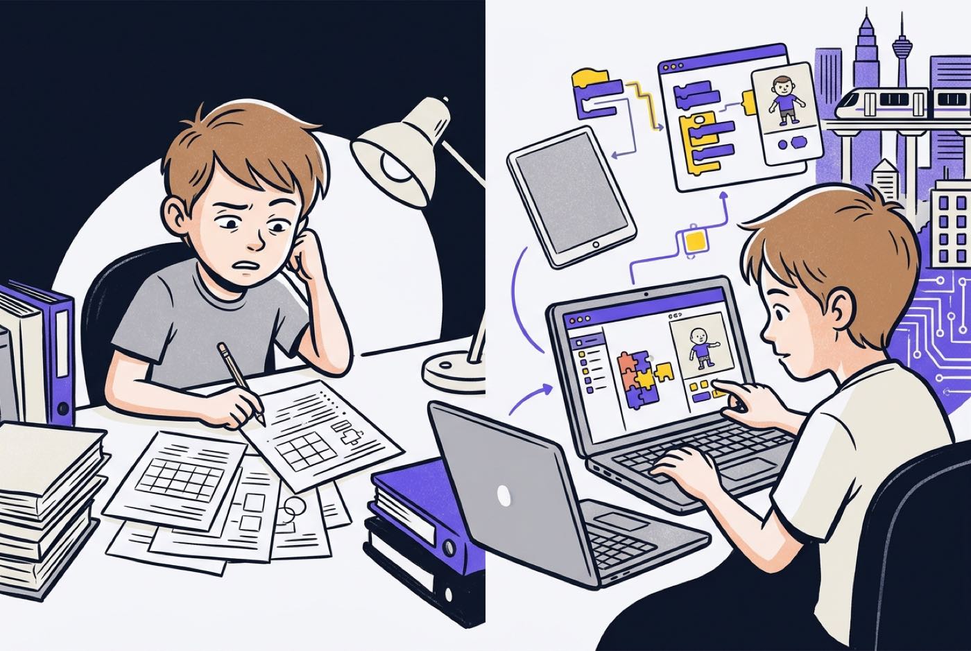 A visual comparison diagram illustrating the difference between rote paper worksheets and interactive project-based s...