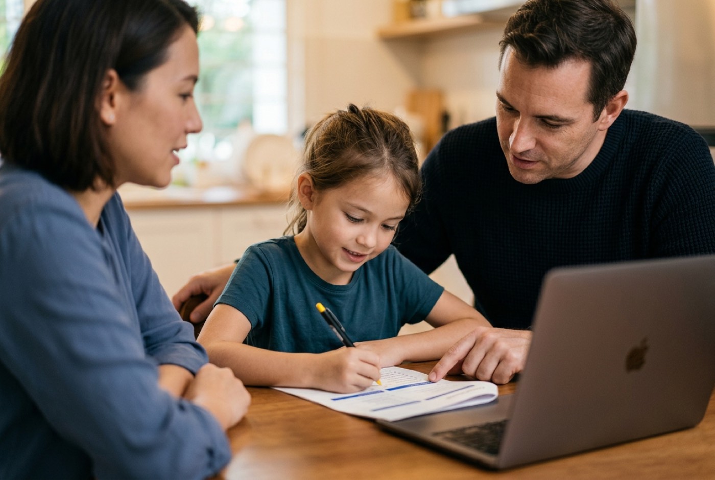A family sitting at a kitchen table filling out a printable online safety checklist together