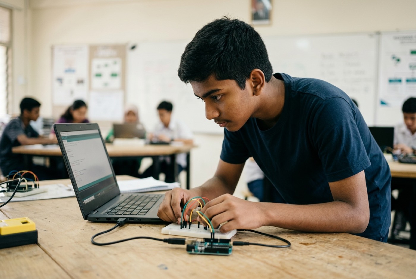 A teenager leaning over a breadboard connected to an Arduino microcontroller, adjusting jumper wires while looking at...